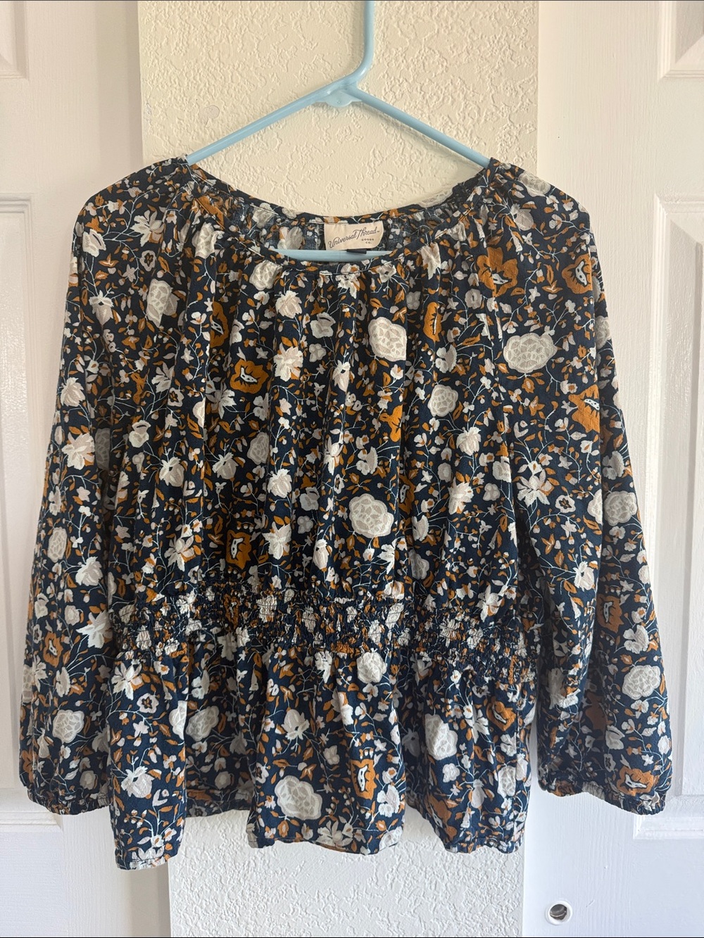 Universal Thread Navy Floral Peasant Blouse with Mustard Accents